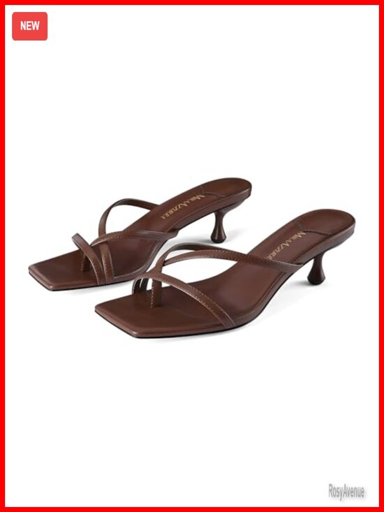 Shoes - Square Toe Flip Flop Low Heel Sandals Kitten Heels Faux Leather